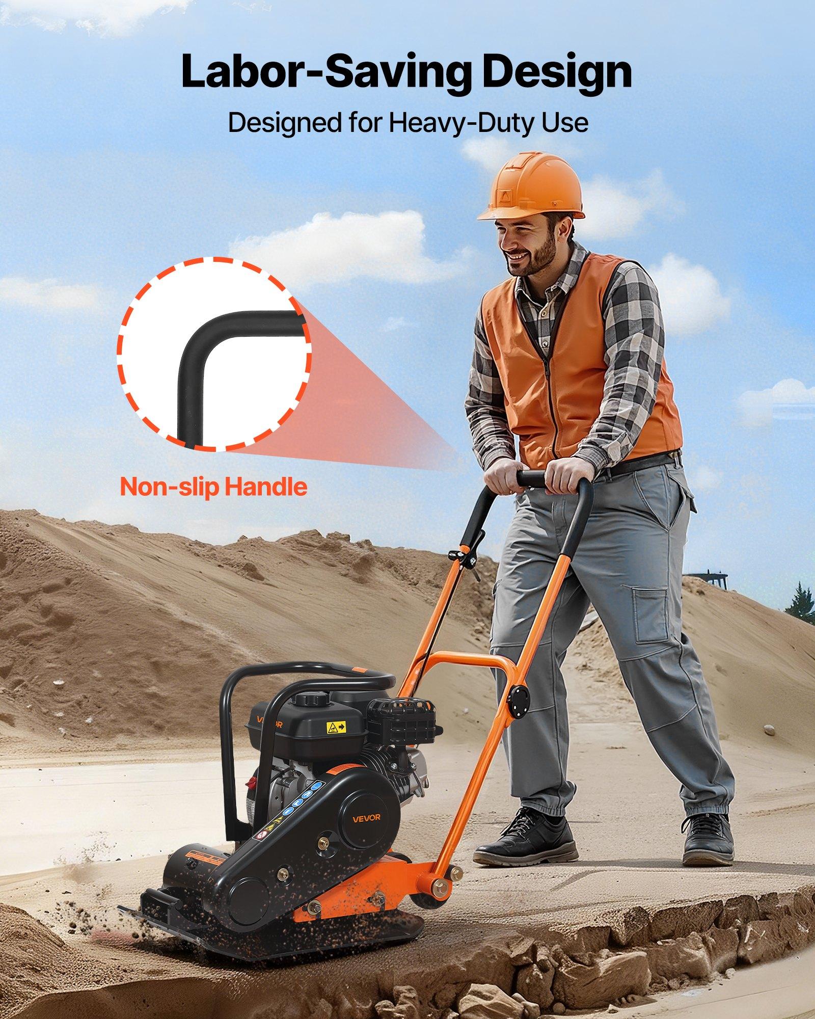 VEVOR Plate Compactor, 6.5 HP 196CC Gas Engine, 5600 VPM Vibrating Ground Rammer, 2360 lbs Compaction Force, 20.1 x 15 in Plate, Walk Behind Compactor for Paver Landscaping, Asphalt, Foundation, Soil