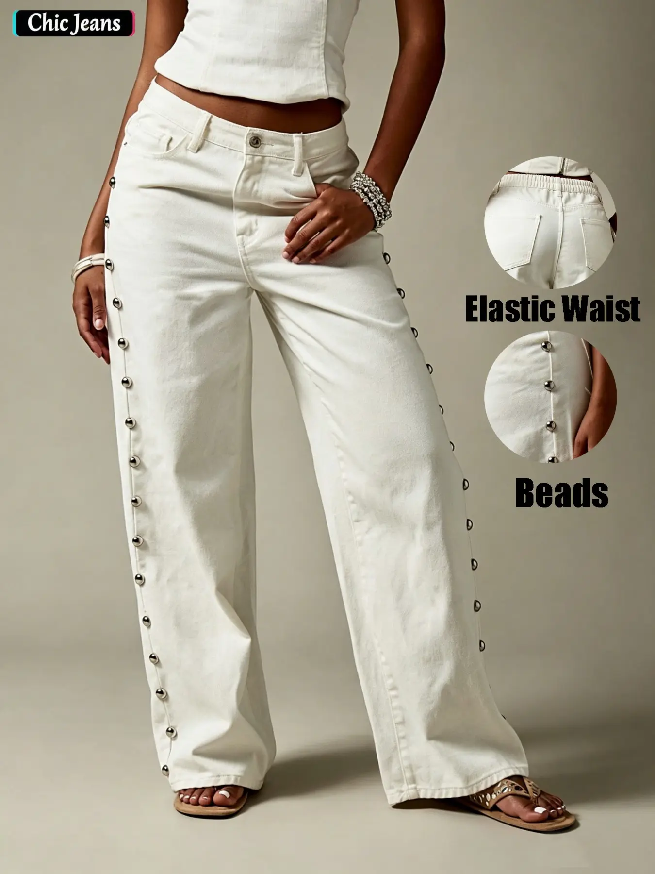Women's Beaded Wide Leg Baggy Jeans, Side Bead Decoration, High Waist Denim Jeans, Button Fly, Y2K Style, Casual Streetwear