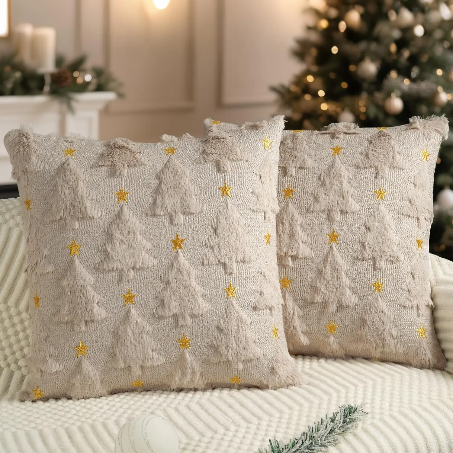 Christmas Pillow Covers 24 x 24 inch Set of 2 Beige Christmas Tree  Pillow Cases Soft Plush Faux  for Holiday Winter   Sofa Decorations