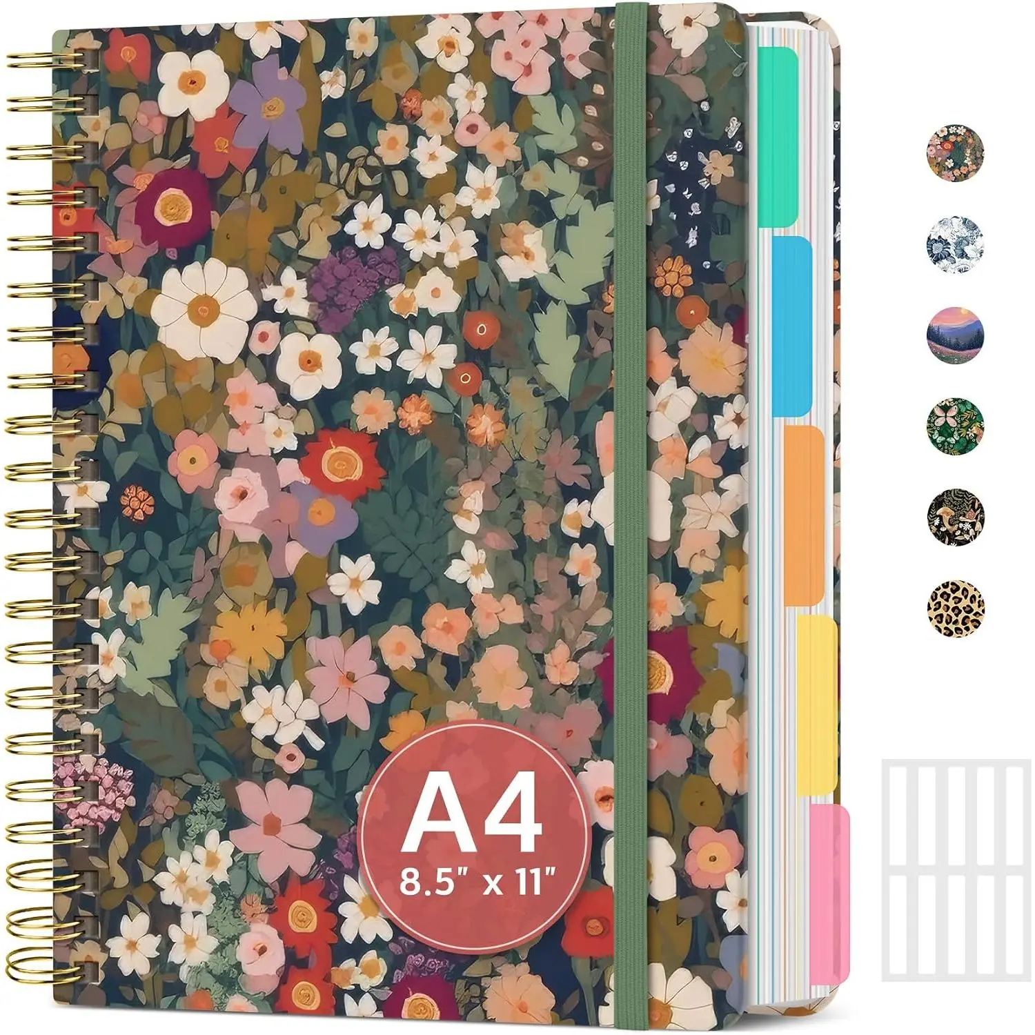 Large Spiral Notebook with Dividers & Tabs, 8.5" x 11" Hardcover 5 Subject Notebook for Work, 280 pages, College Ruled, Cute Journal for Women,  for Study & Office Note Taking, Garden