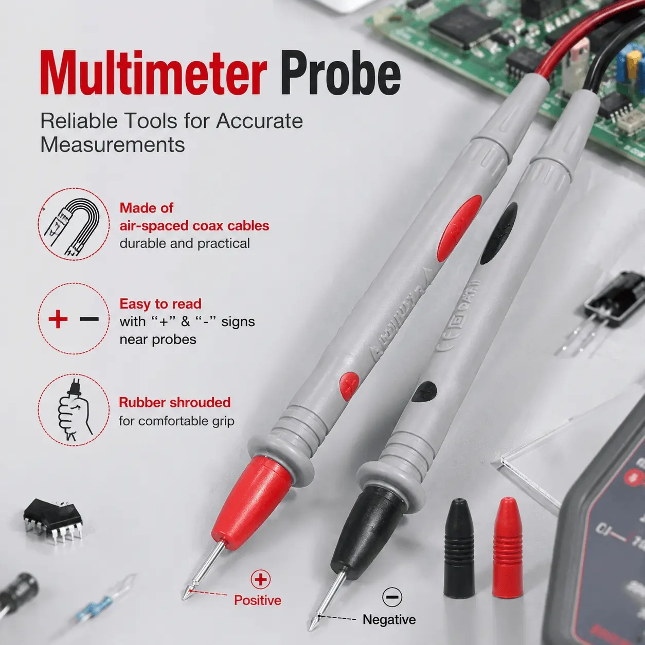 Industrial Silicone Multimeter Test Leads, 1000V 20A, Tangle-Free, Copper Probe Tips, Non-Slip Grips for Electricians.
