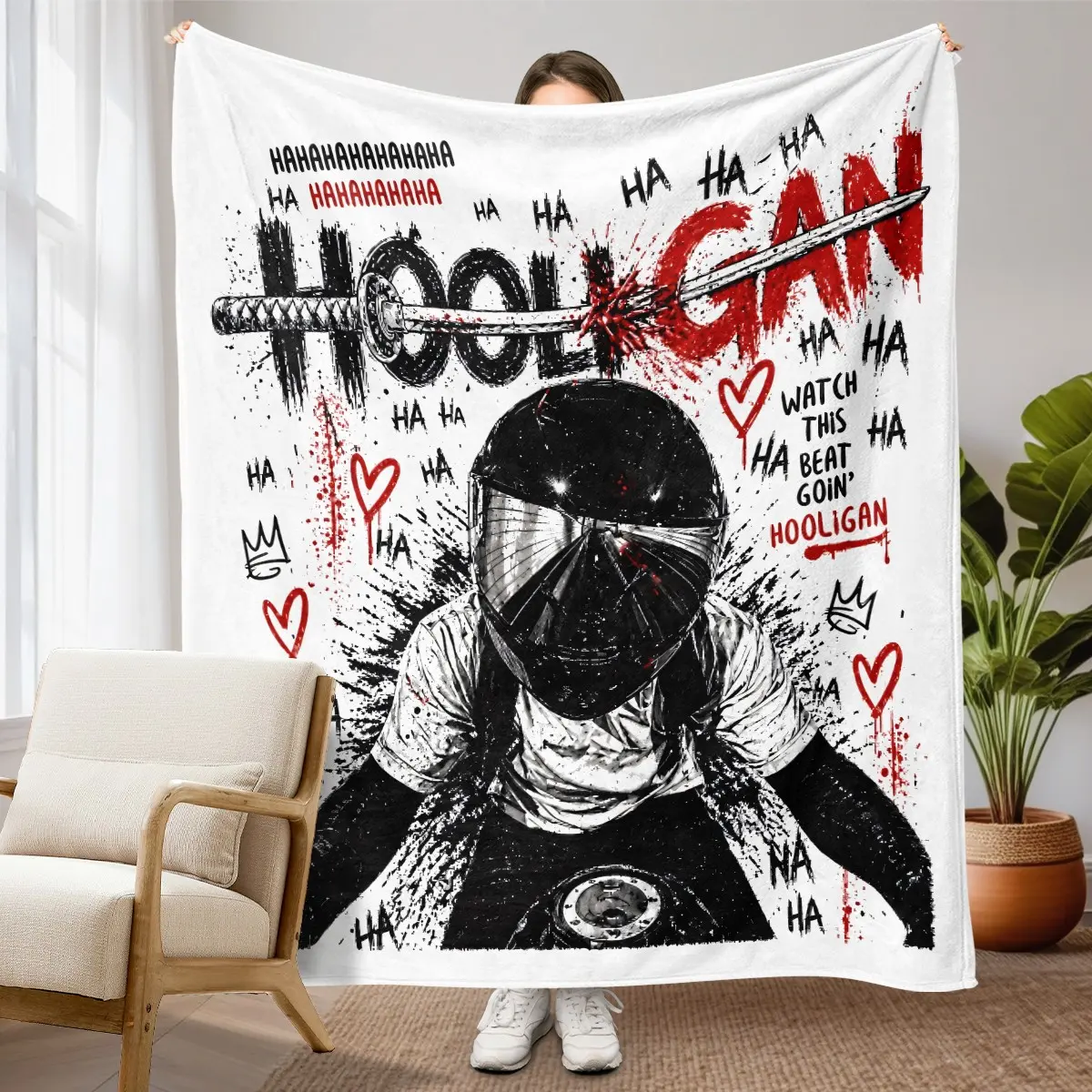 1PC Motorcycle Samurai Street Graffiti Flannel Blanket, printed with helmet biker figure, samurai sword, splash ink red and black trendy text graffiti elements. Soft warm nap blanket for sofa, bed, office, shawl, camping travel, ideal Christmas gift.