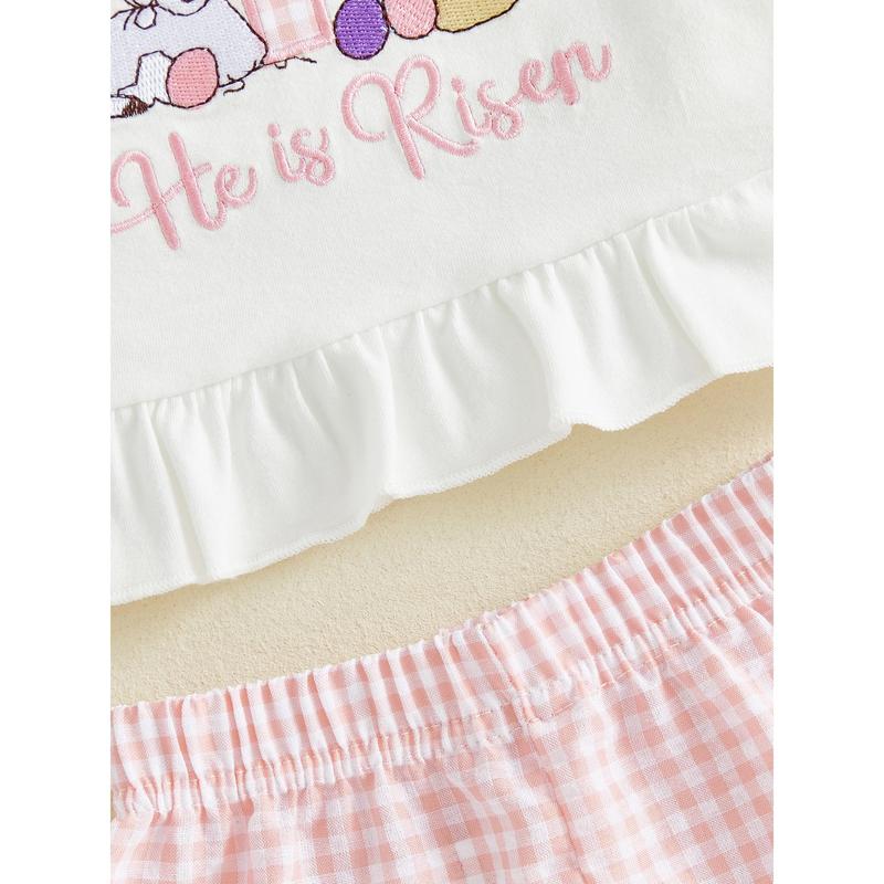 Toddler Baby Little Girls Easter Outfits Cross Animal Embroidery Short Sleeve T-Shirt and Plaid Shorts Set 3M-3Y