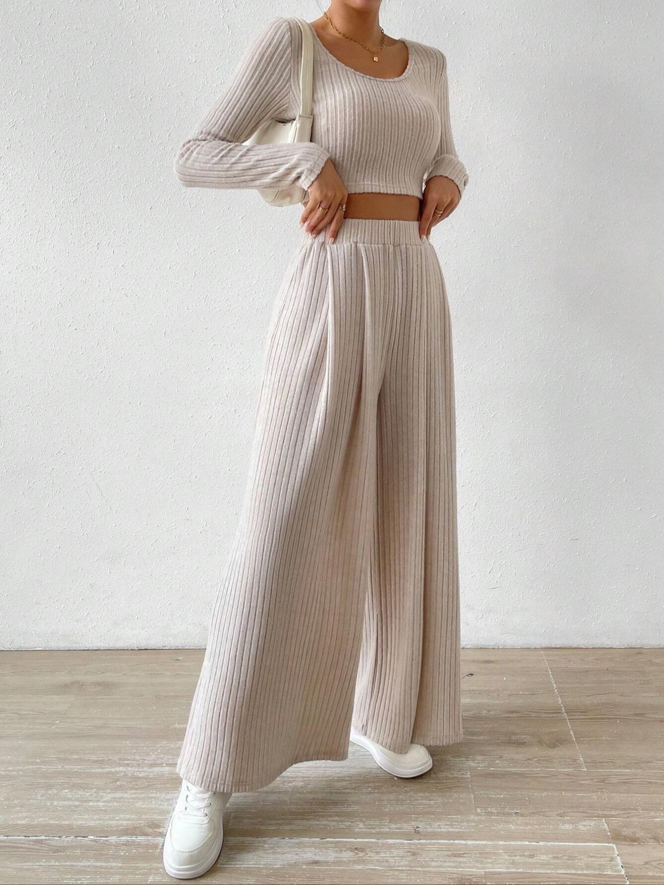 Women's Solid Ribbed Crop Tee & Loose Wide Leg Pants Two-Piece Set, Casual Long Sleeve Scoop Neck Top & High Waist Trousers for Fall & Winter, Women's Clothes for Daily Wear, Womenswear