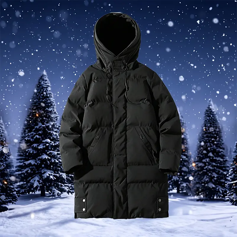 Men’s Winter Long Plain Puffer Jacket (Plus Size/Big & Tall) - Polyester-Filled Heavyweight Quilted Windproof Coat, Adjustable Drawstring Hood, Snap Buttons Hem, Zip-Up Street Chic Warm Jacket for Extreme Cold