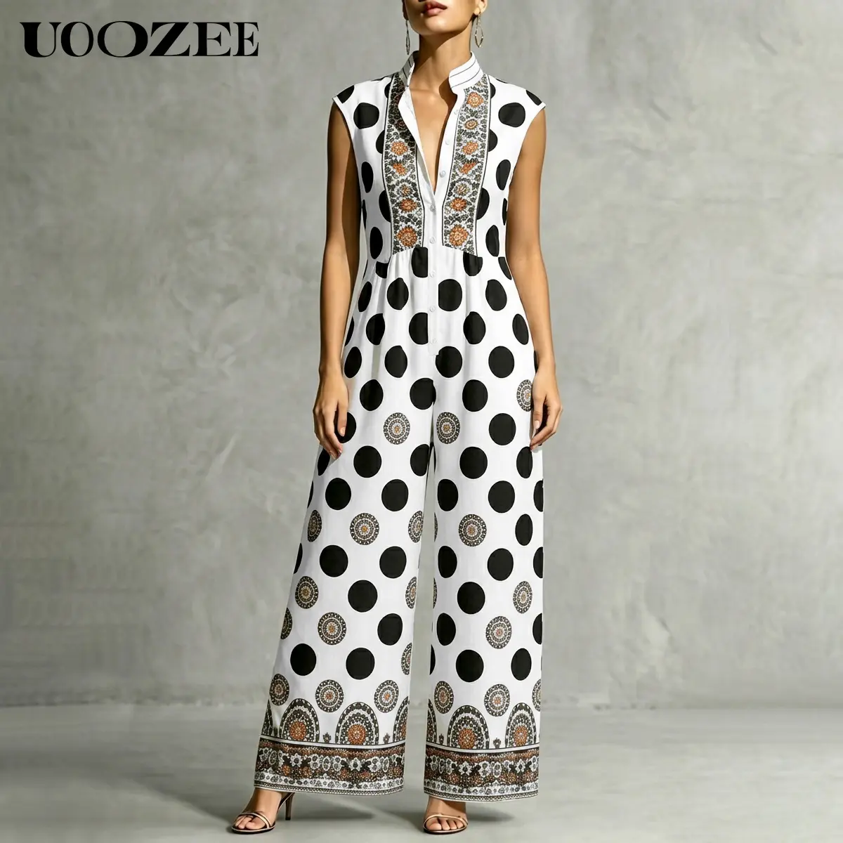 UOOZEE Women's Exotic Bohemian Polka Dot Overalls - Sleeveless, Wide Leg, Ethnic Print, Pockets, Smooth Lightweight Fabric, Bag-Friendly, Flat-Compatibility for Beach, Streetwear Styles
