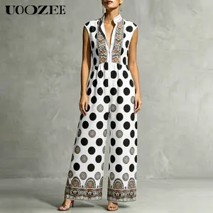 UOOZEE Women's Chic Bohemian Polka Dot Jumpsuit - Sleeveless Wide Leg Outfit with Ethnic Print, Pockets, Smooth Lightweight Fabric, Bag-Friendly Design for Beach, Party Style