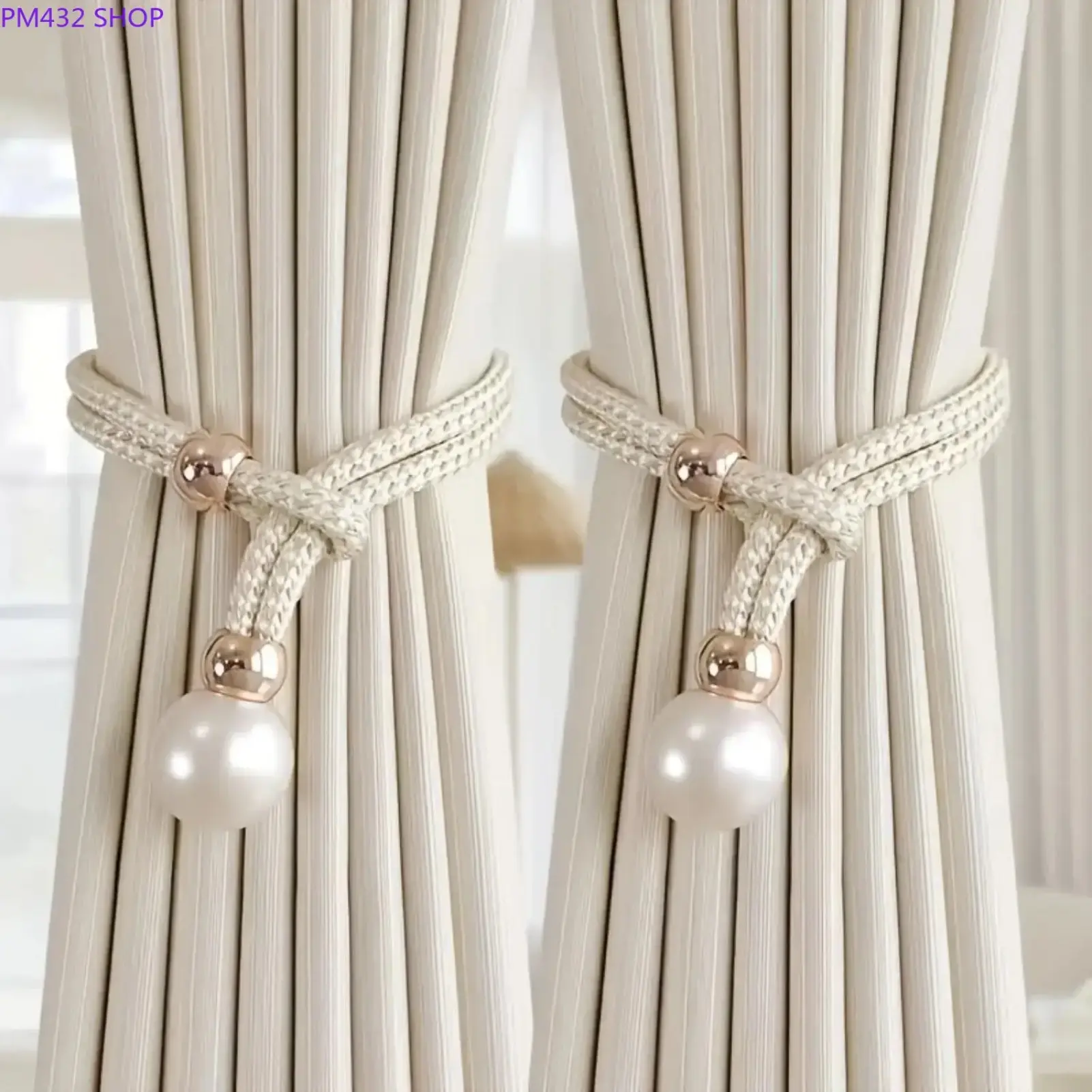 2-Pack Elegant Faux Pearl Curtain Tiebacks, Adjustable Rope Curtain Holdbacks for Sheer Curtains, Chic Window Accessories for Home Decor