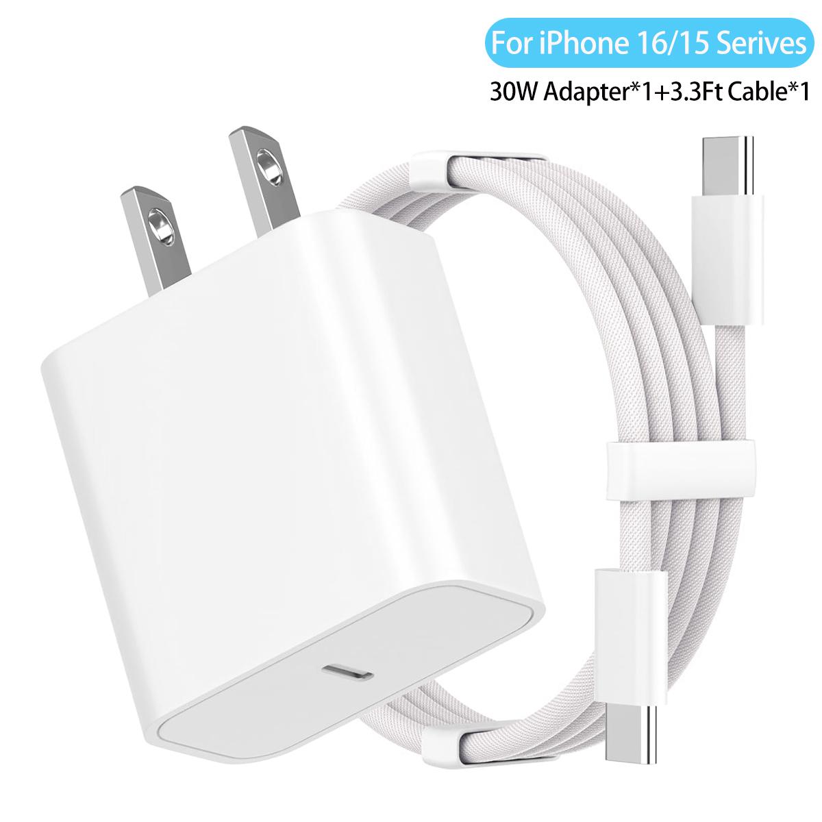 30W Fast Charging Adapter Kit USB C Wall Charger 3.3Ft/1M Type C Braided Data cable For iPhone 16 15 Pro Max Samsung Xiaomi ipad Super Fast ChargingAdapter & Cable Set Cellphone ElectronicAccessories