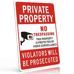 Private Property No Trespassing 8x12 Aluminum Metal Warning Sign, Video Surveillance Retro Security Plaque. Heavy duty weatherproof sign for driveway, fence and yard, official outdoor home property protection wall plaque.