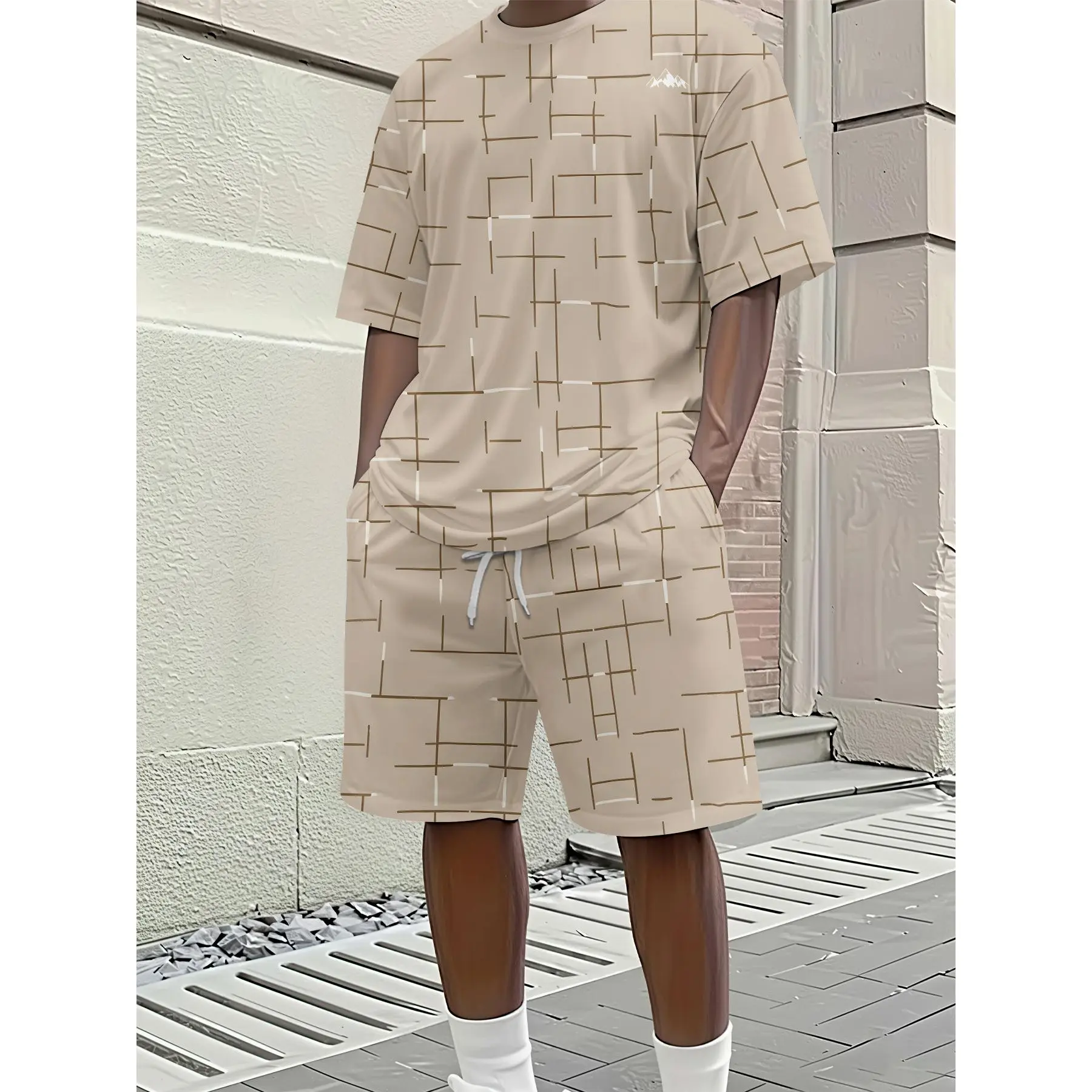 Men'S Casual Short-Sleeve Outfit for Spring And Summer, Featuring a Full Print with Cross Lines, Trendy Short-Sleeve And Shorts Set, Perfect for Vacation Style, Breathable Sports Casual Look, an Ideal Holiday Gift for Men