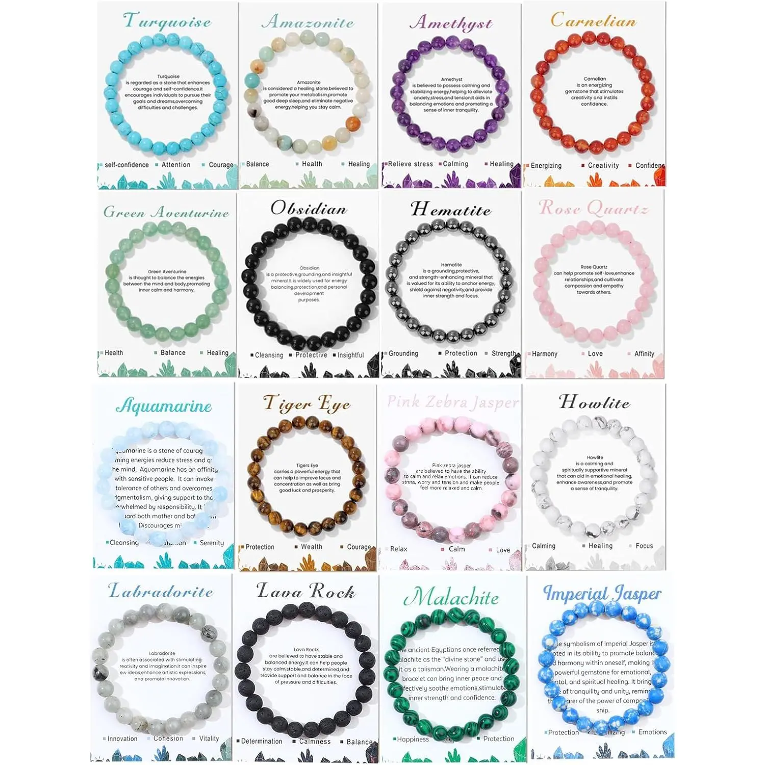 16PCS Genuine Crystal Bracelets for Women Men – 8mm Semi-Precious Gemstone Beaded Stretch Bracelets, Round Stone Yoga Jewelry Gift Set, Stackable Healing Bracelets