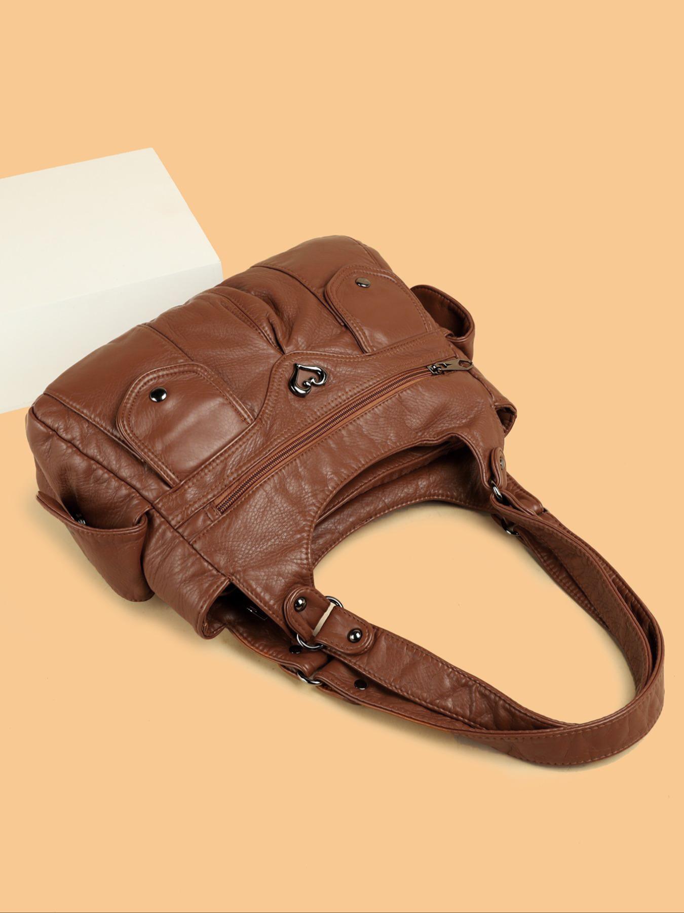 Women's Fashionable Plain Heart Decorated Embellished Shoulder Bag, Casual Large-Capacity for Daily Used, Trendy Versatile Shopping Bag, Hobo Bag