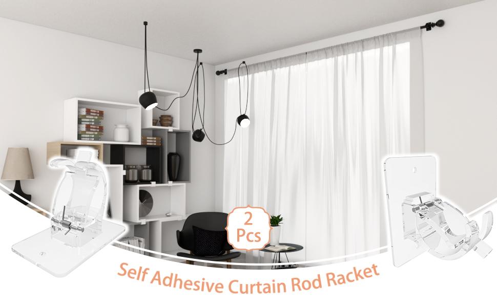 2PCS No Drill Curtain Brackets, Self-Adhesive Rods, Adjustable Curtain Hooks for Rods Under 1.57 Inch (Transparent)