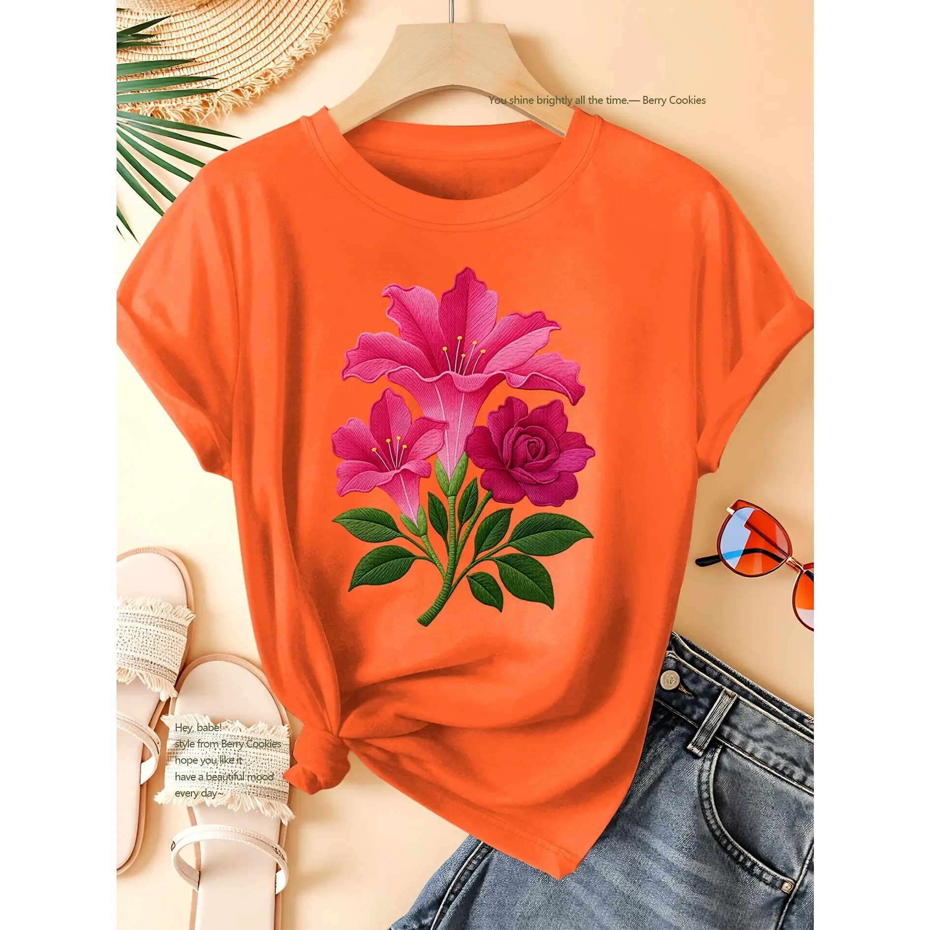 New Women's Short-Sleeve T-Shirt with Flat-Style Pink Lily and Rose Print, Elegant and Versatile for Spring, Summer, and Fall, Casual Sporty Style, Round Neck, Soft and Comfortable Top, Available in Sizes S-XXL