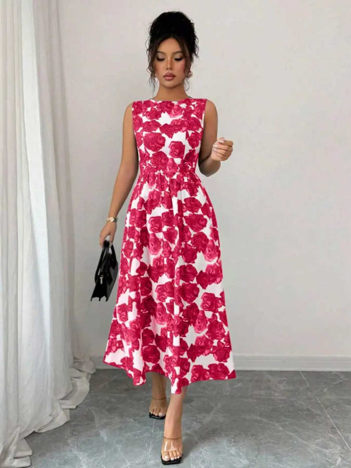 Elegant Rose Print Sleeveless A-Line Dress, Waist-Cropped Long Skirt, Perfect for Dates & Vacations, Lightweight Party Gown