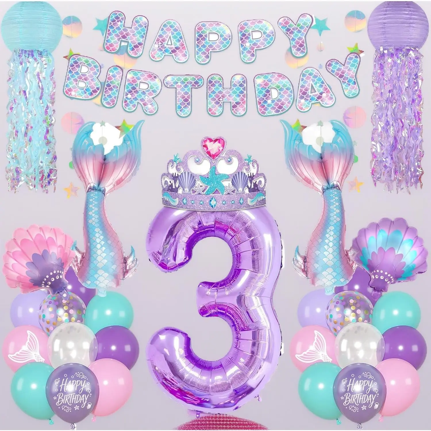 Girls' Undersea Theme 3rd Birthday Balloon Kit - Foil Number Set, Crown, Tail, Seashell Balloons, Jellyfish Lanterns, Happy Birthday Banner, DIY Party Shower Supplies