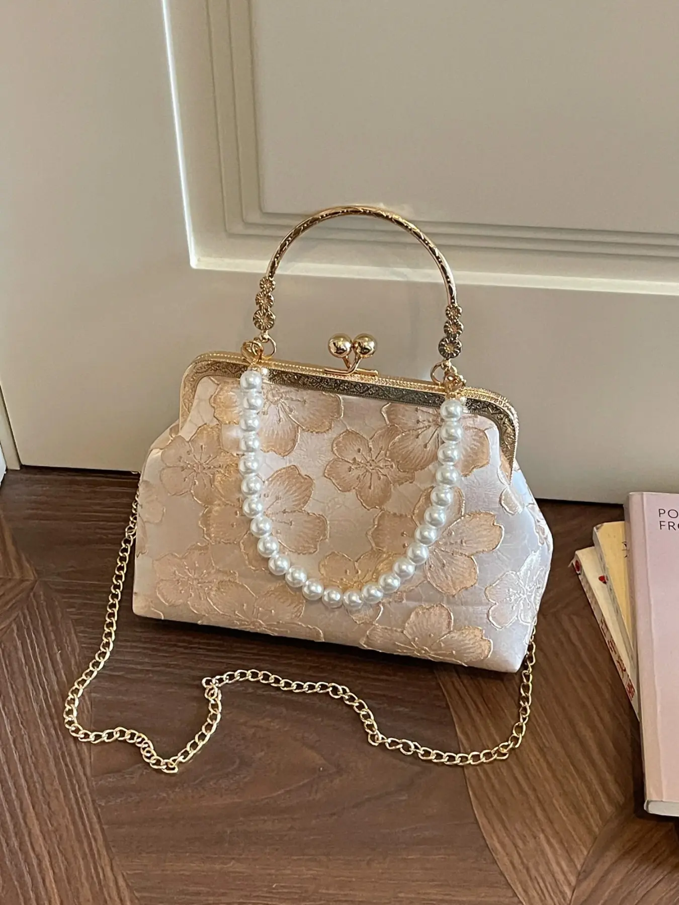 Elegant Cherry Blossom Embossed Lace Handbag, French New Traditional Small Bag, Soft Sheen Satin Base, Vintage Metal Lock, Pearl Chain Included
