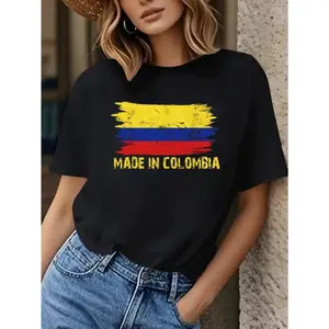 Women's Colombian Flag T-Shirt - Made in Colombia Proud Colombiana Tee, Black with Yellow & Red Stripes, Lightweight Casual & Formal Wear, Colombian Heritage Apparel, National Costume Top, Comfortable Round Neck Short Sleeve Shirt