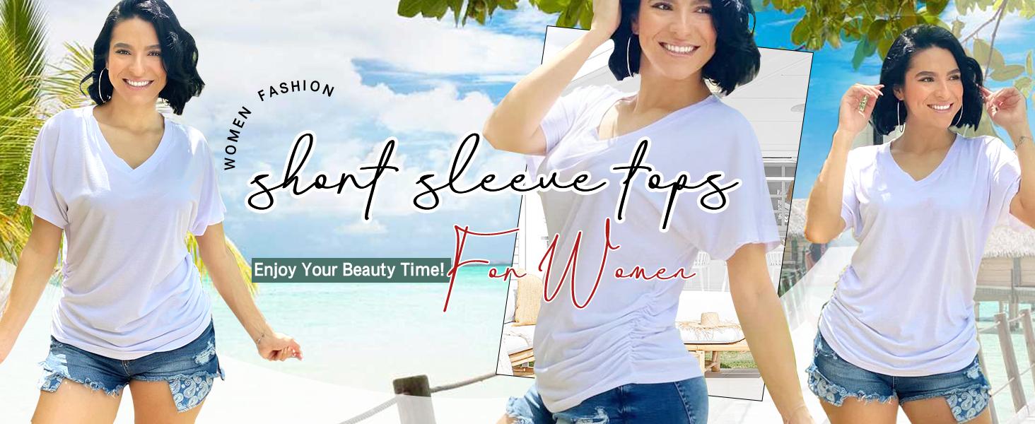 WIHOLL Womens Short Sleeve V Neck Dolman Tops with Side Shirring Loose Fit Shirts SpringStatements WIHOLL Womens Short Sleeve V Neck Dolman Tops with Side Shirring Loose Fit Shirts SpringStatements