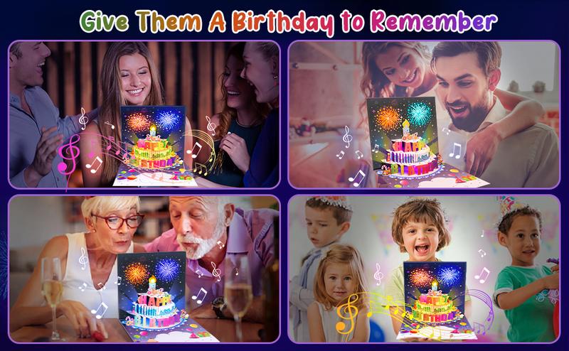 Birthday Cards Fireworks Pop Up Cake Blowable Light and Music Happy Birthday Card Gifts for Women Men Mom Kids