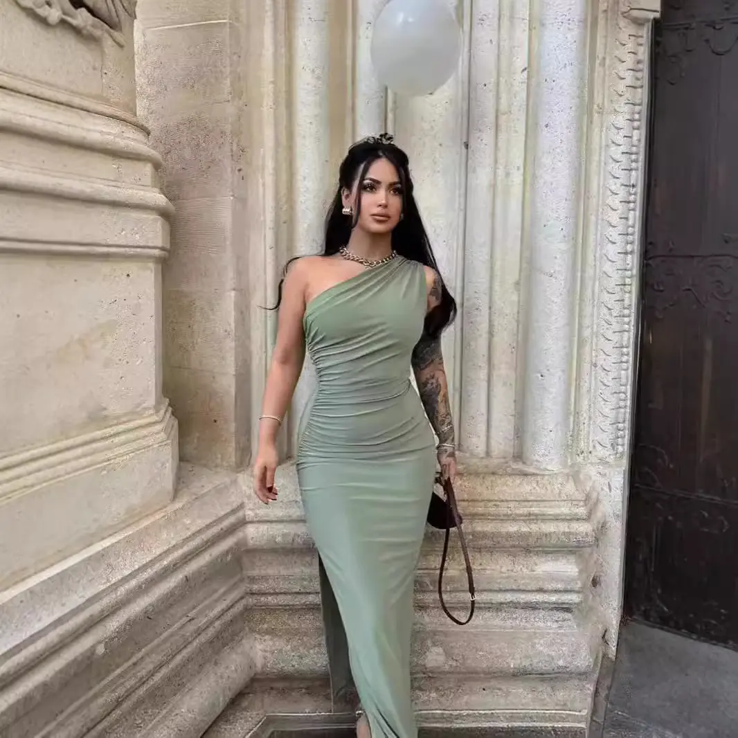 New Western-style summer women's solid-color one-shoulder sleeveless ruched slit elegant formal dress
