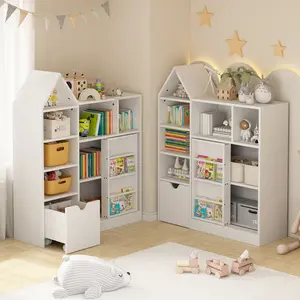 White Multifunctional Kids Storage Bookshelf, 3-Tier Wooden Bookcase with 7 Cubbies, Sliding Door, Removable Drawer & 3 Toy Bins for Nursery Playroom Kids Bedroom