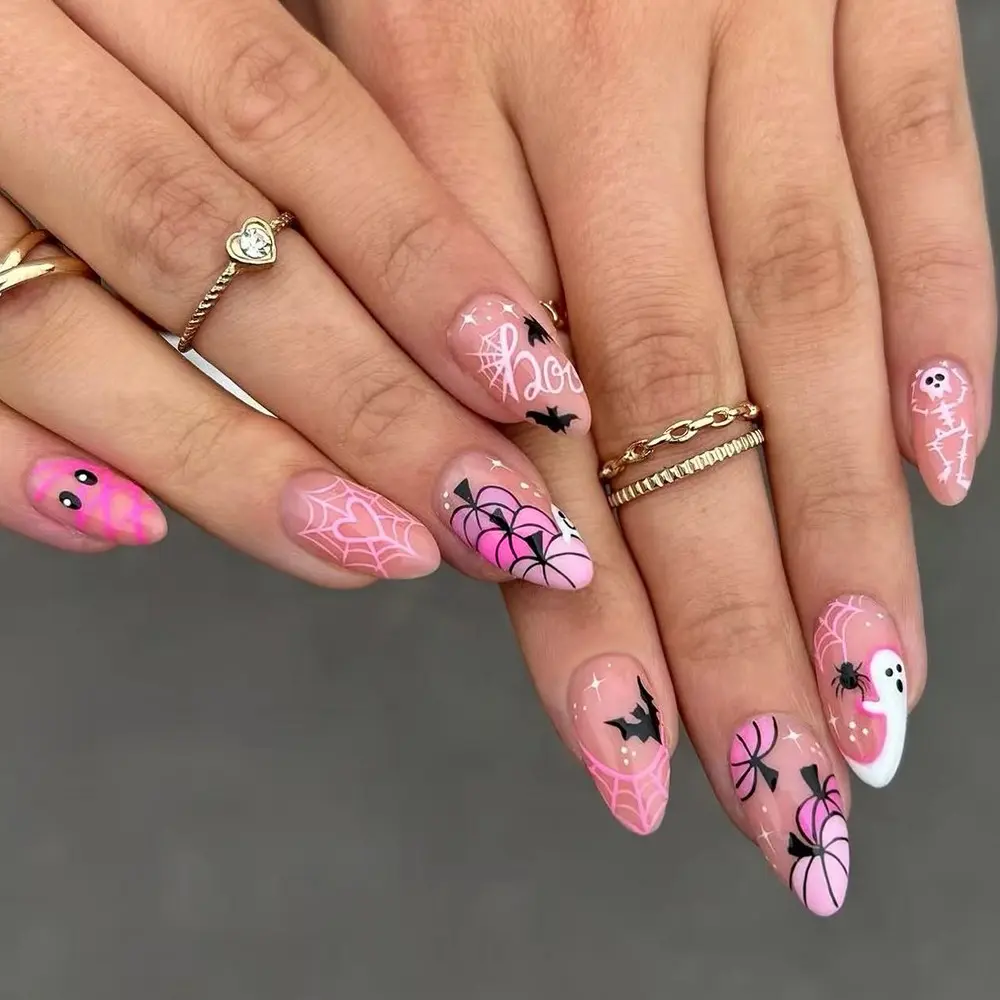 30pcs Almond Shape Halloween Nail Art Stickers, Spider Web Bat Ghost Pumpkin Blood Drop Design, Includes Adhesive and File, Perfect for Parties