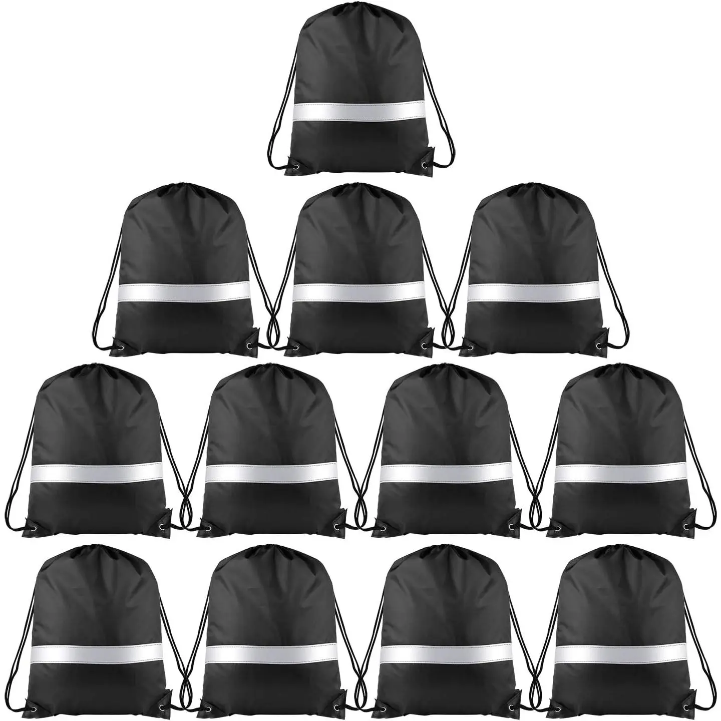 12 count Drawstring Backpack Bag Bulk Reflective Backpack Black String Bags Cinch Sack Backpack for Team Yoga  Gym Traveling