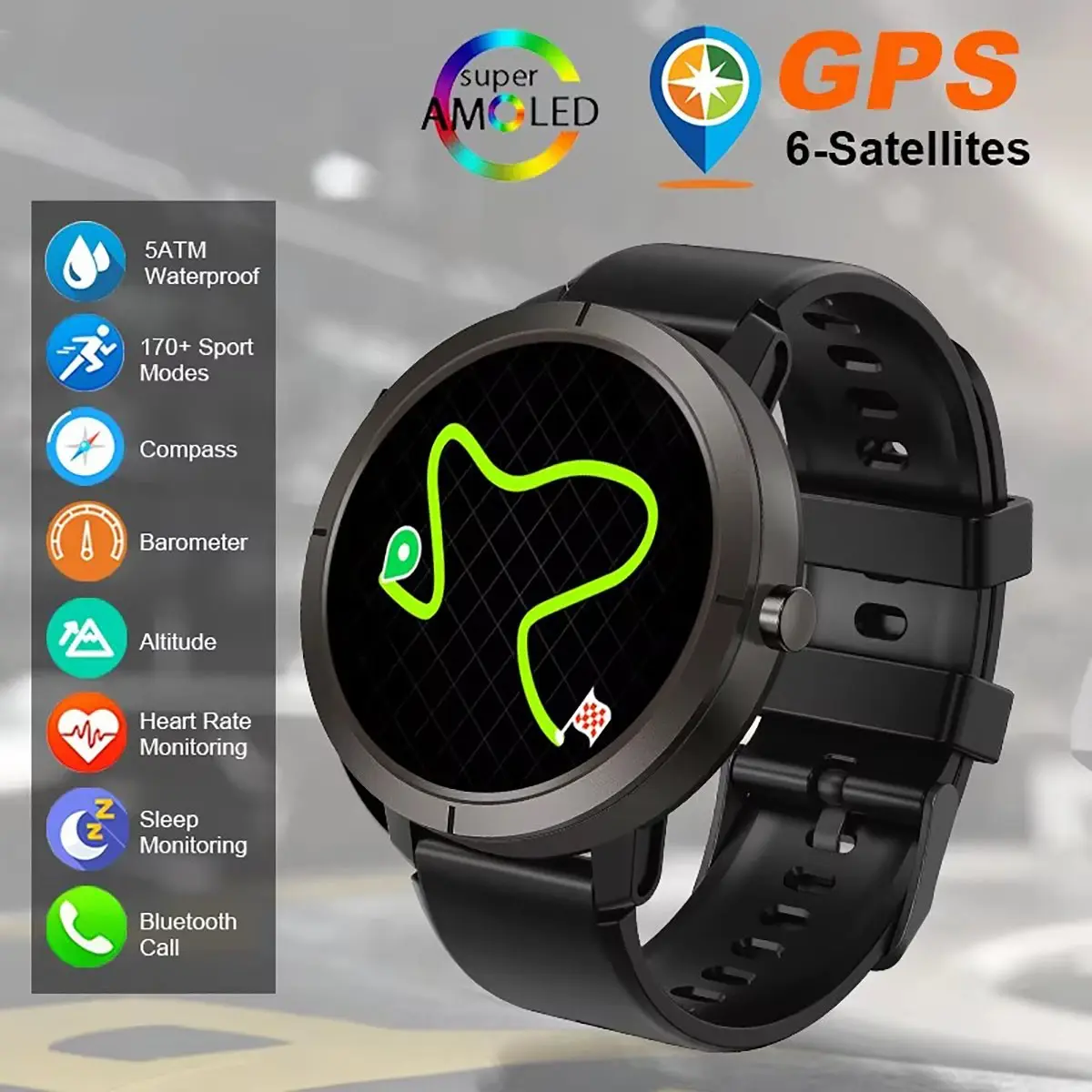 GPS 6-Satellites Smart Watch Compass Altimeter Barometric 170 Sport Modes Smartwatch For Fitness 5ATM Waterproof 1.32" AMOLED BT Call Smartwatch