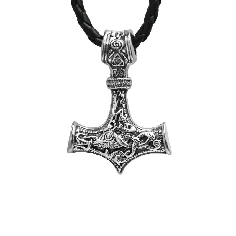 Viking Thors Hammer Pendant Necklace Nordic Odin Valknut Triangle Symbol Leather Rope Chain Amulet Choker Statement Heavy Metal Jewelry For Men Gothic Punk Rock Party Halloween Cosplay Mascot Gift