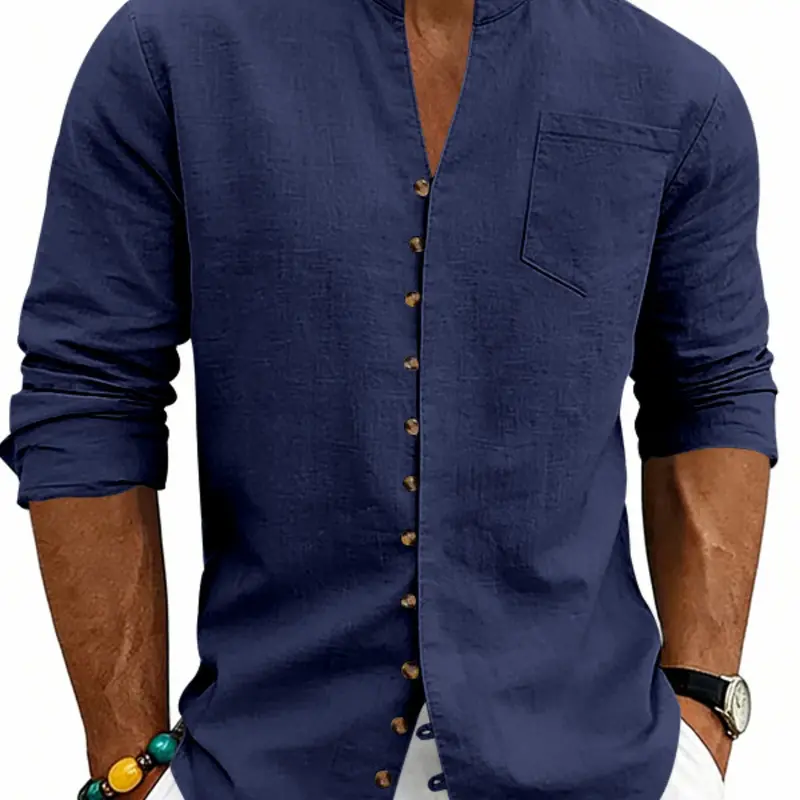 Men's button-down single-breasted linen long-sleeved shirt with chest pocket, casual business blouse, Casual button top, skin-friendly breathable design. Classic Spring/autumn style, suitable for daily commuting, vacation, Button Up