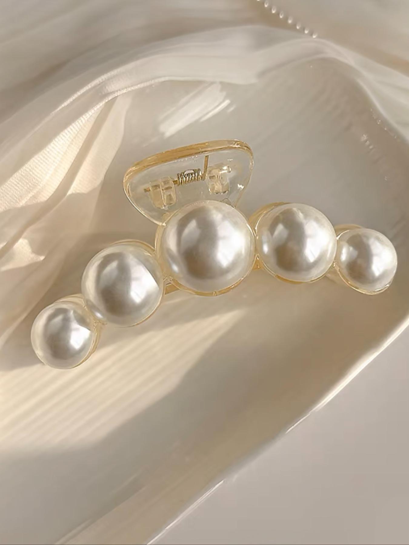 Faux Pearl Decorated White Claw Clip, Minimalist Headwear Suitable for Thick Hair, Fashion Hair Accessories for Party, Daily Clothing Decor, Hair Claws