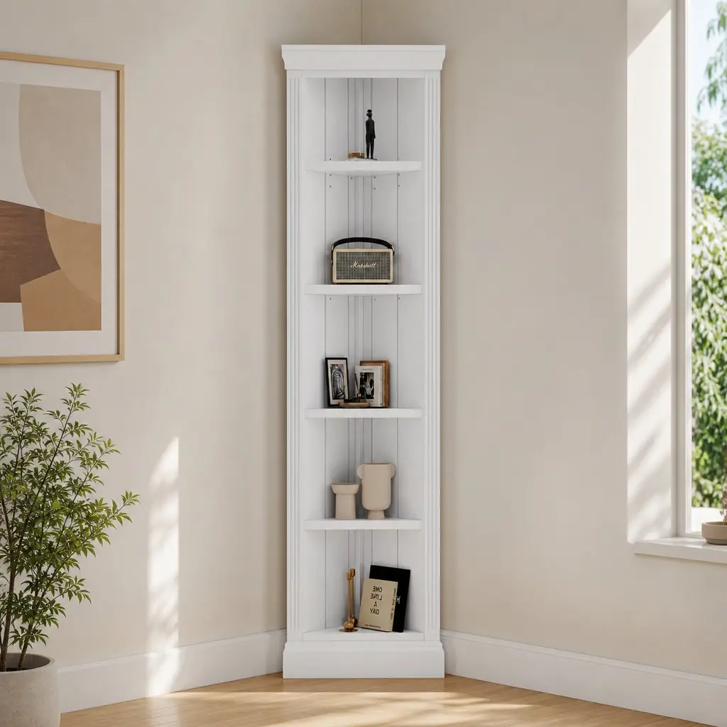 ARCH 83.4" Tall 5-Tier Solid Wood+MDF Corner Bookcase, Modern Standing Shelves Unit, Open Storage Display Rack with 55 lbs Per Tier Capacity, Anti-Tip Kit, for Living Room, Home Office, White Room Decor