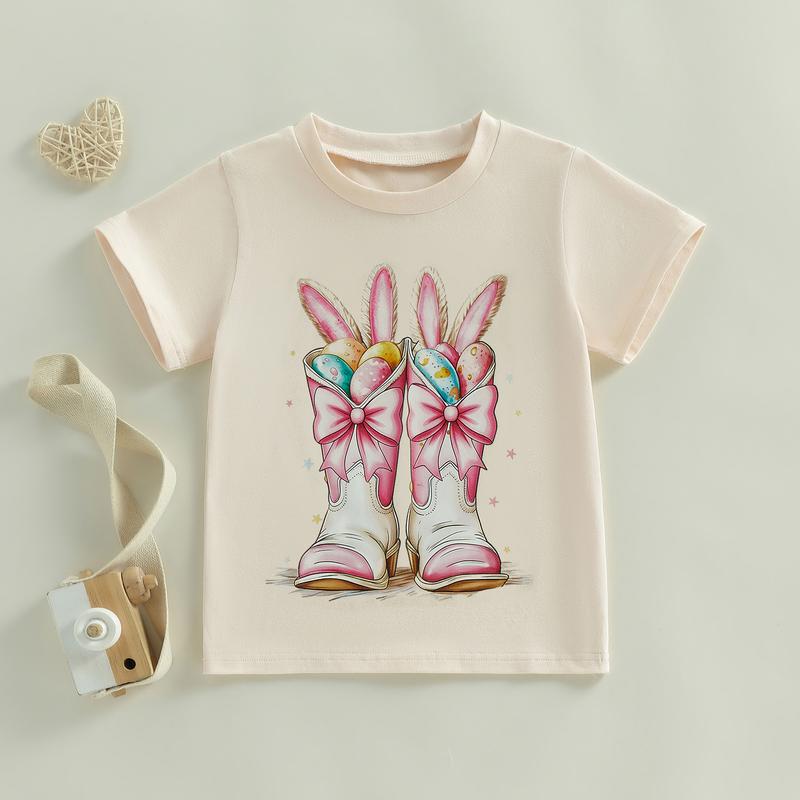 PYBCVRRD Kids Baby Little Girls Easter Shirts Short Sleeve Crew Neck Bunny Ears Boots Print Casual Summer Tops T shirt 1-6 Years
