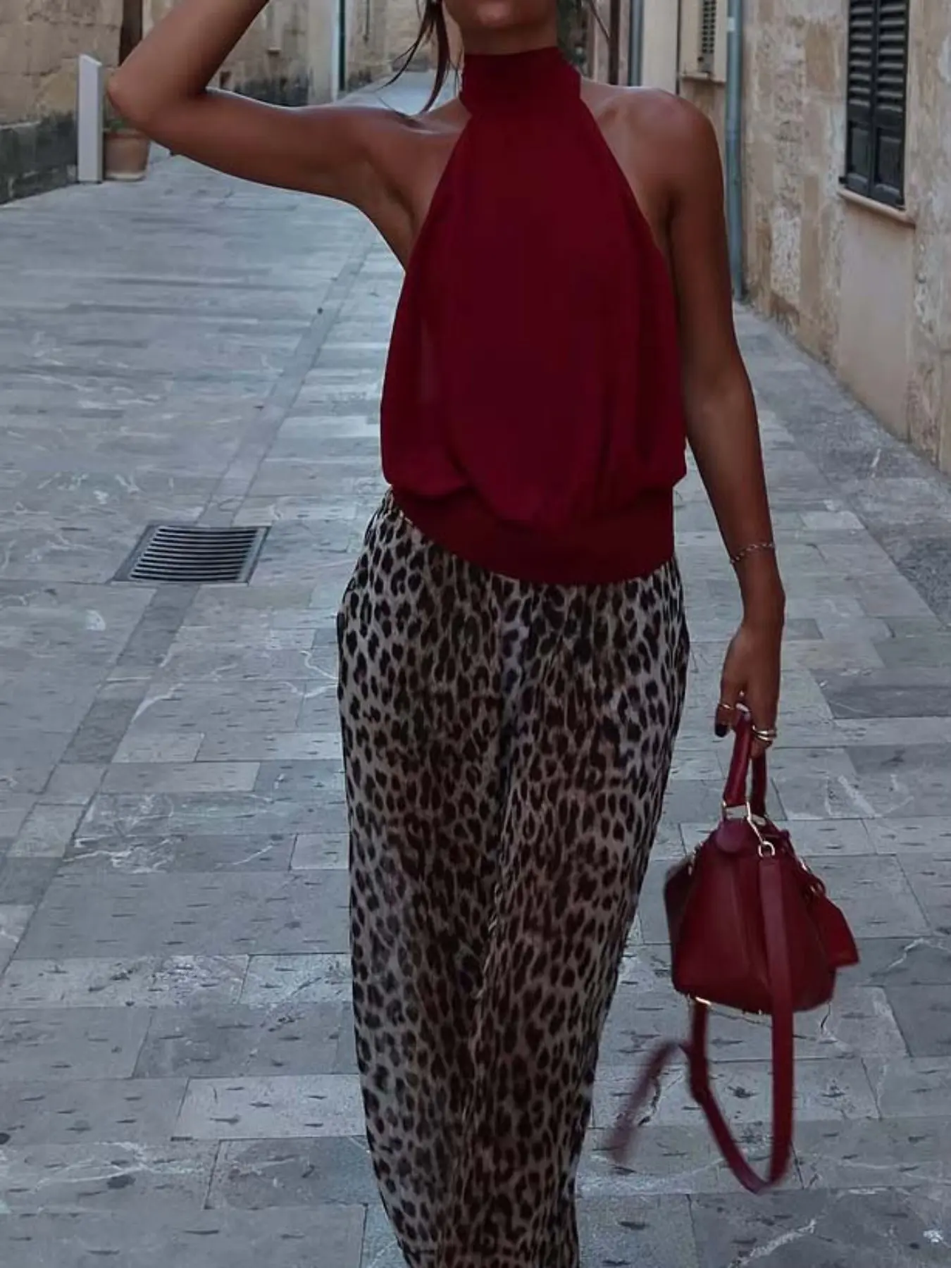 High Neck Halter Long Flowy Top, Loose Fit Drop Hem Sleeveless Shoulder Design, Atmosphere Pure Color Tank Top, Sexy Style, Minimalist