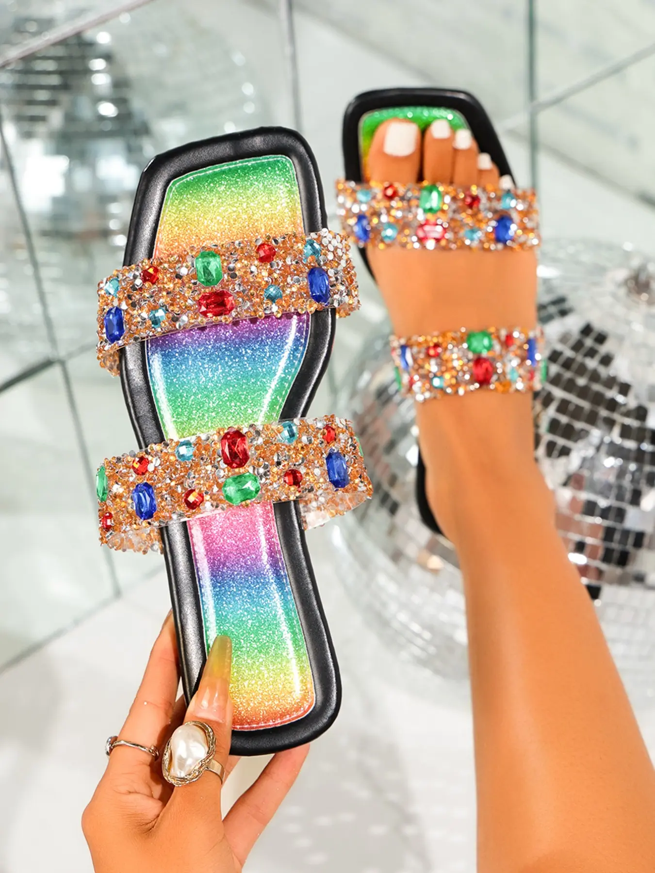European and American Style Multicolor Gemstone Sandals, Luxury Full Rhinestone Flat Outdoor Resort Sandals, Flat Rubber Sandals
