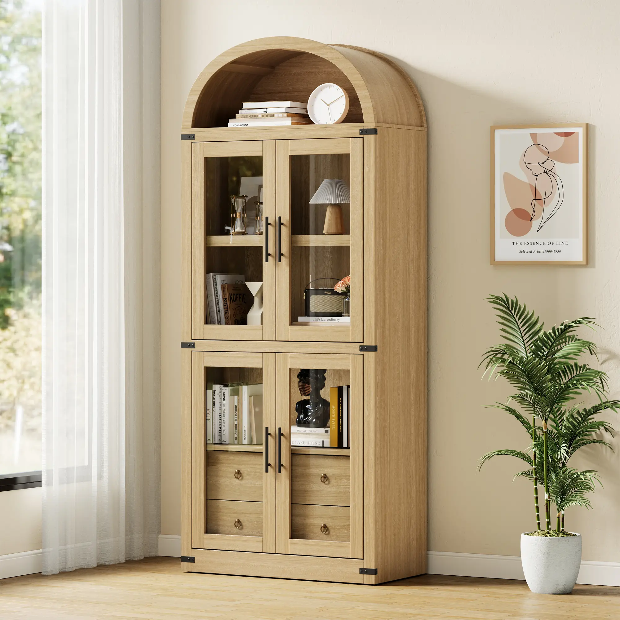 🏡 71.65" Tall Arched Storage Cabinet – Glass Doors, Drawers & Adjustable Shelves. Farmhouse Display Pantry for Living Room, Kitchen & Home Office! ✨