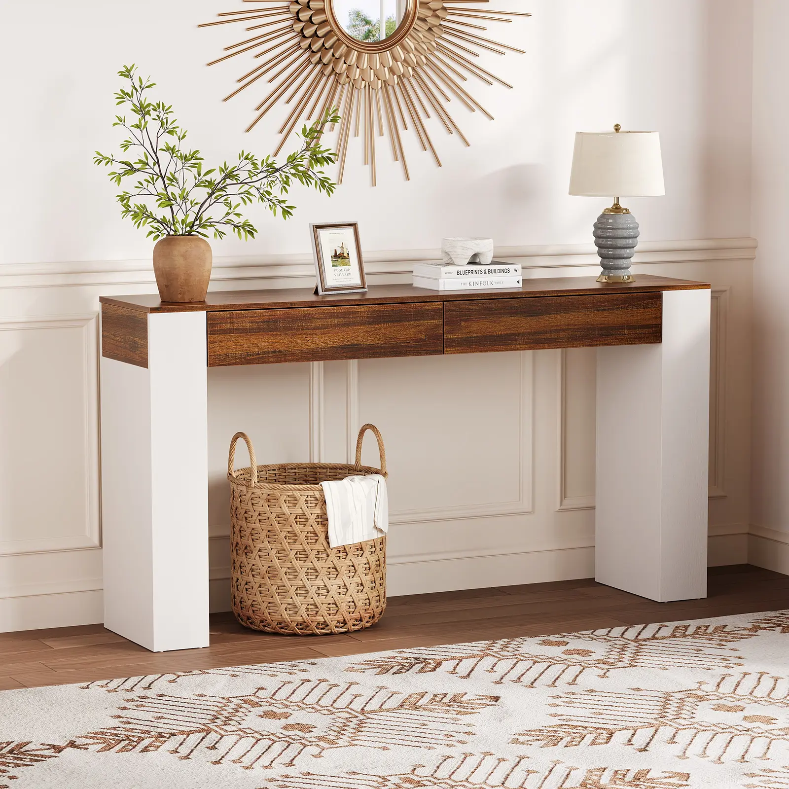 Natural Rattan Modern Sideboard Buffet Cabinet - 59" Storage Credenza Console Table with 4 Woven Rattan Doors, Fixed Shelf, Metal Handles, Narrow Profile Particle Board Build for Storage Organization (63x13.8x33.5") - Living Room, Dining Room Use