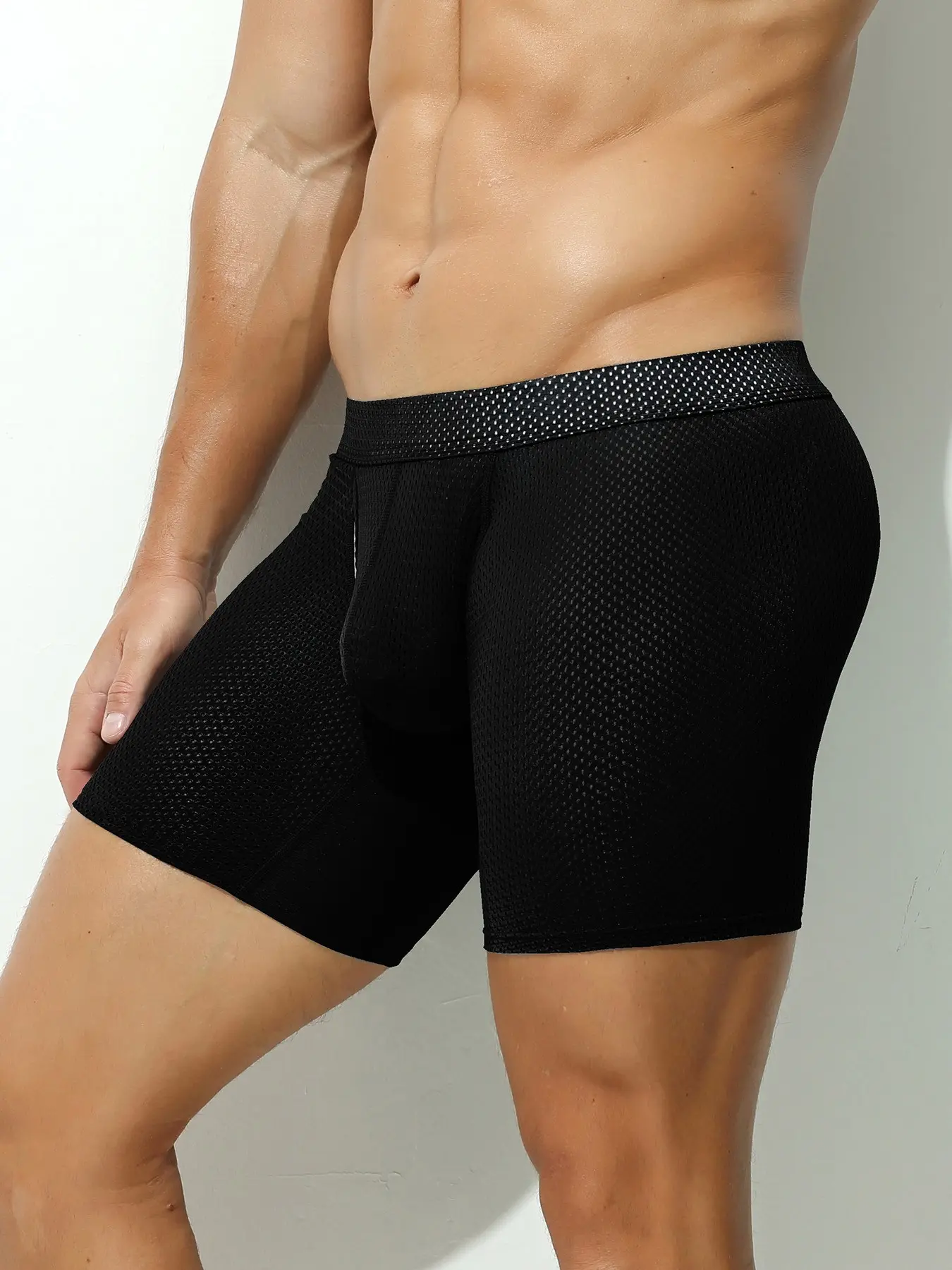 Men's Mesh Breathable Boxer Briefs With Front Opening Contour Pouch, Slim Solid Letter Print Undies For Running Gym Cycling Loungewear Daily Commute