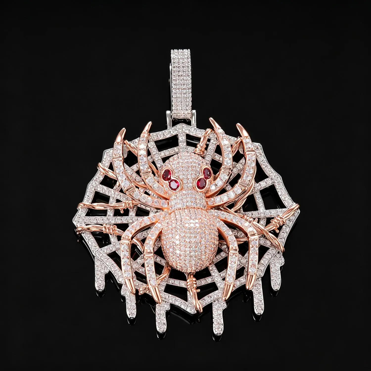 2026 New Men's Large 5A Zircon 3D Spider Web Pendant Necklace - 2-Color Rose Gold-Plated Fashionable Chain Decorated Casual Daily Costume Jewelry Gift, Jewelry Gifts, 3D Spider Design, 3D Web Depth