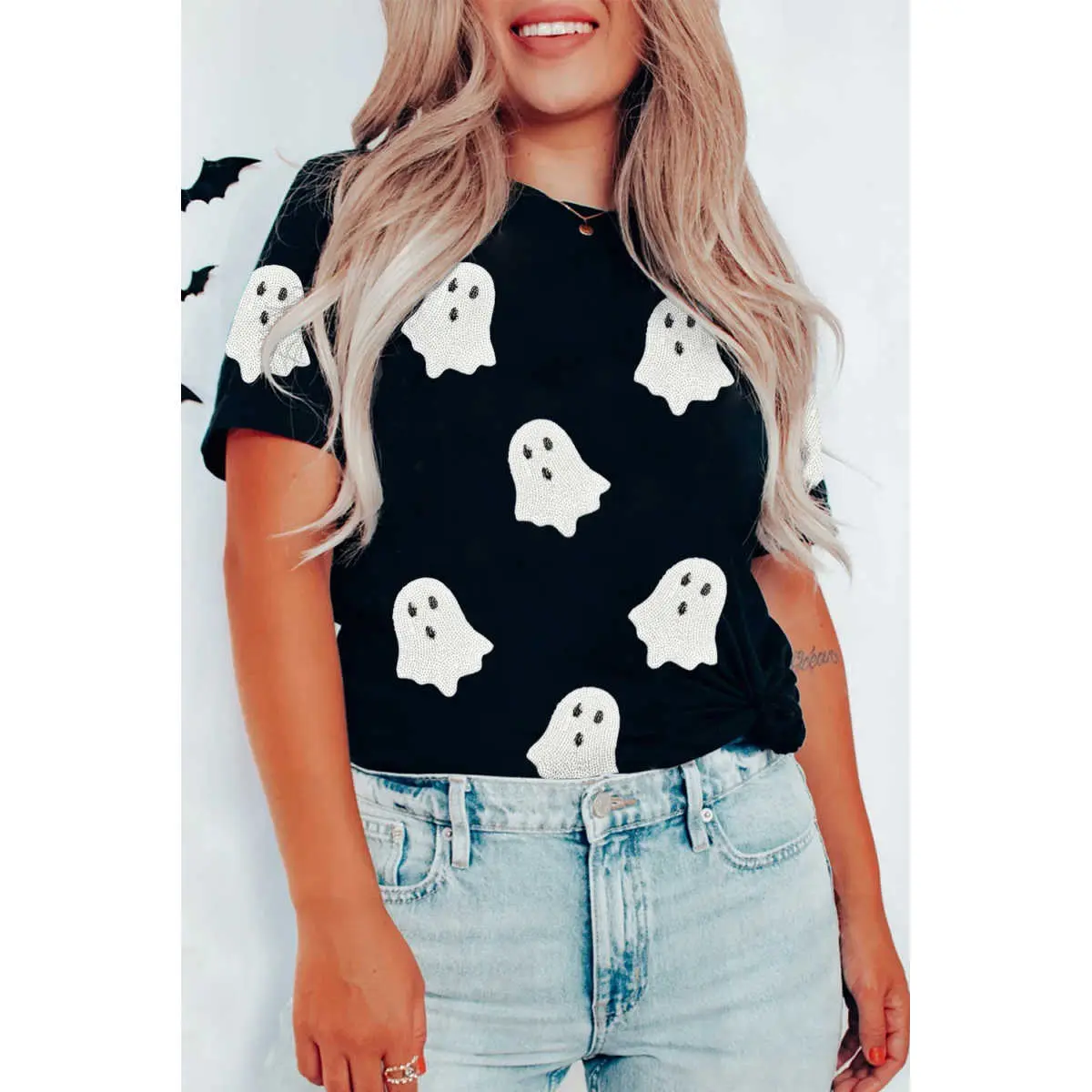 Black Sequin Halloween Ghost Patched Casual T Shirt