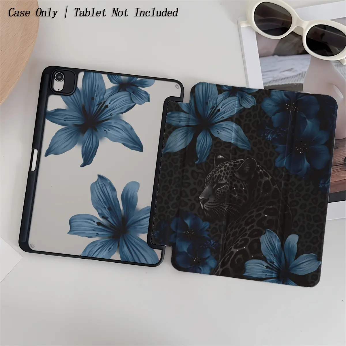 Black Panther Lily Pattern Case: Features an adjustable stand and stylus holder; a foldable, non-slip TPU protective cover compatible with Samsung, iPad mini, iPad Air, iPad Pro, iPad (10th/11th Gen), and other iPad series.
