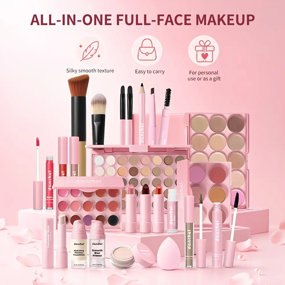 All-in-One Full Makeup Kit, Complete Full Face Cosmetic Gift Set with Eyeshadow, Contour, Blush, Lip Palette, Foundation, Primer, Concealer, Eyebrow Eyeliner Mascara, Makeup Brushes & Beauty Sponge, Pink Makeup Bag Included for Beginners Travel Gift