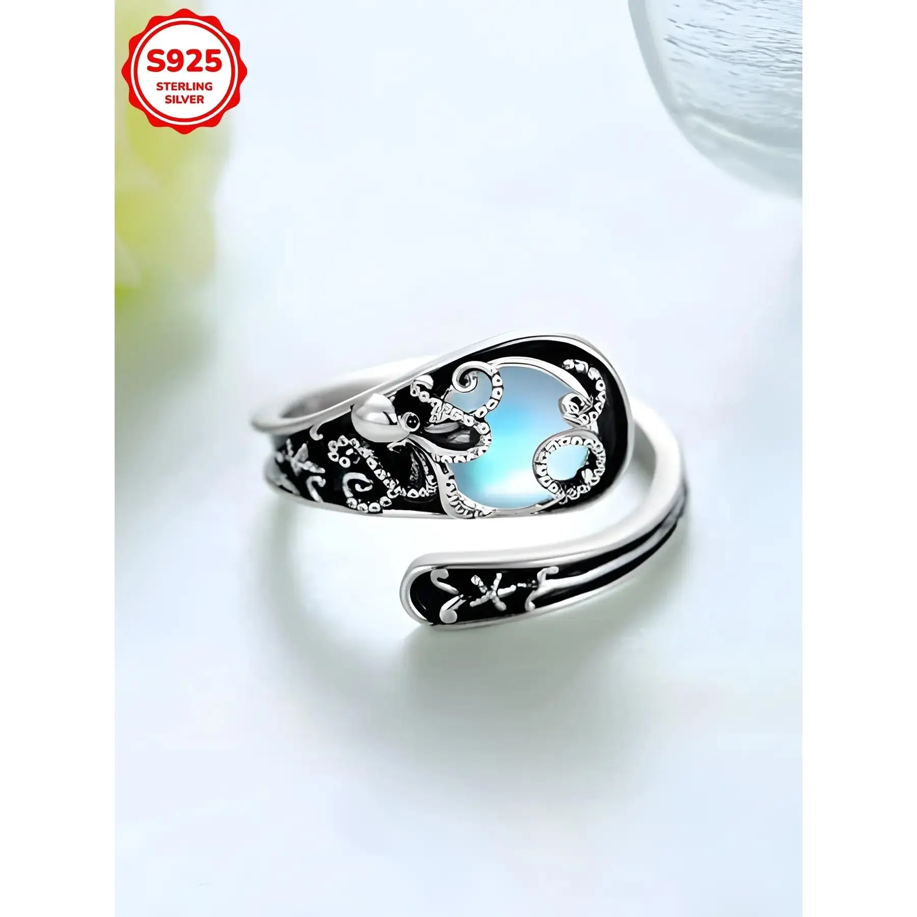 S925 Sterling Silver Moonstone Spoon Ring - Adjustable Open Boho Statement Ring, Hypoallergenic Daily Wear Jewelry, Party Gift for Sizes 7-10y
