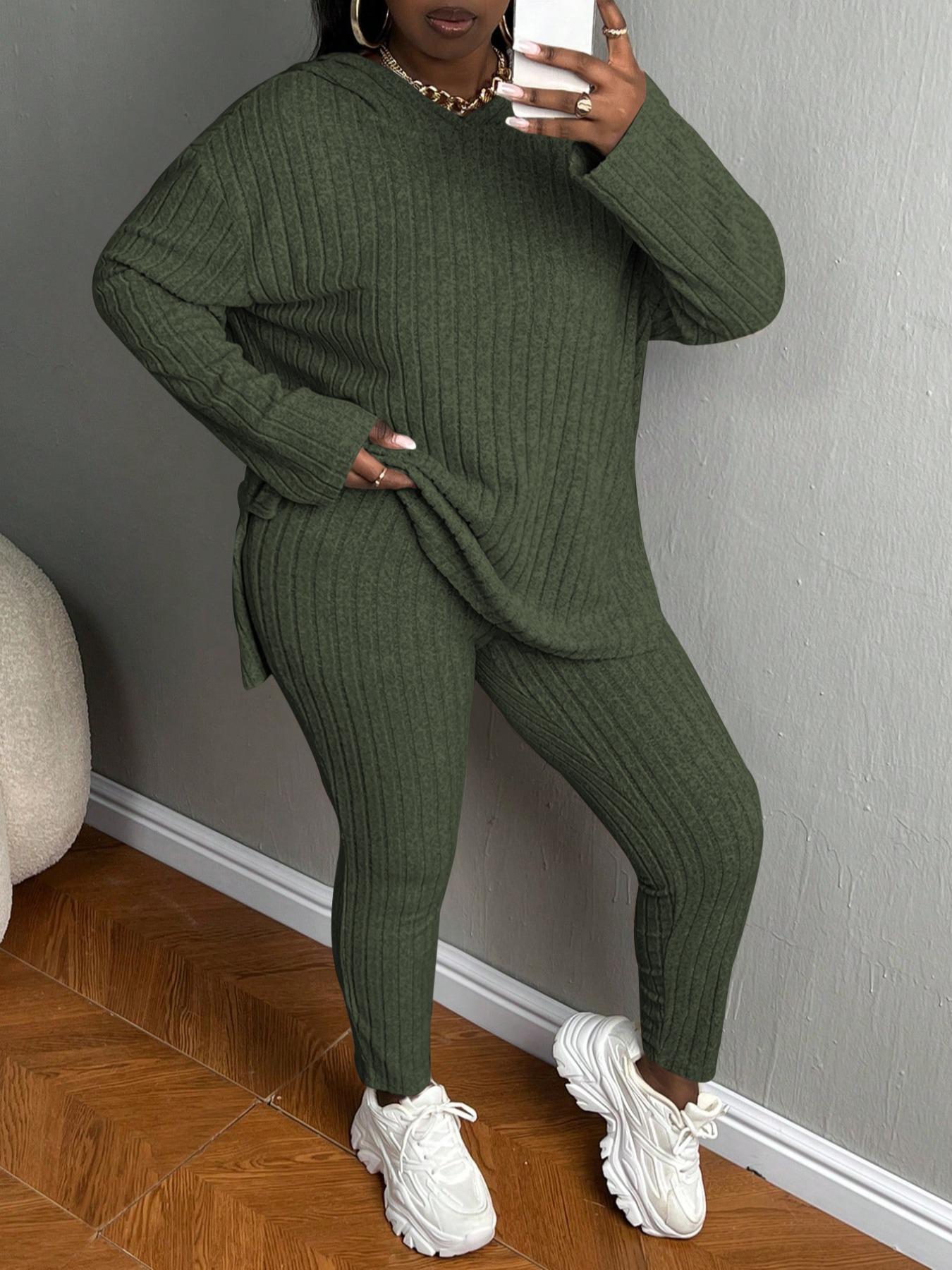 [Plus Size] Women's Two-Piece Set Solid Textured Ribbed Drop Shoulder Long Sleeve Hoodie & Elastic Waist Pants, Casual Fashion Cozy Ribbed Outfits for Daily Outdoor Wear, Ladies Clothing for Fall & Winter