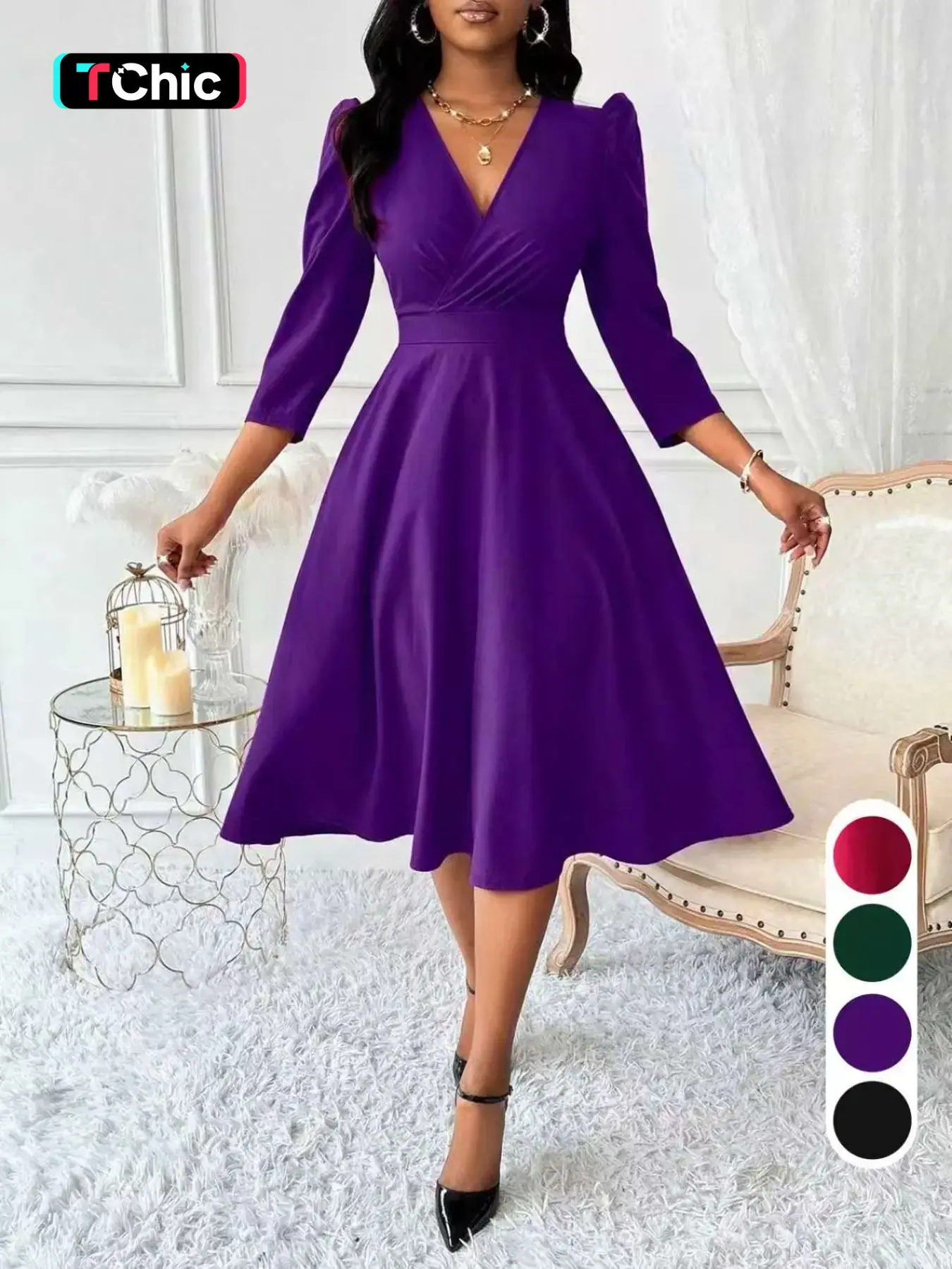 Wine V Neck Midi Dress, Solid, Slim Fit a Line, 3/4 Sleeve, Elegant Formal Style, High Waist, Comfortable Fabric, Evening Party Dresses, Perfect for Office/wedding/party/daily Wear