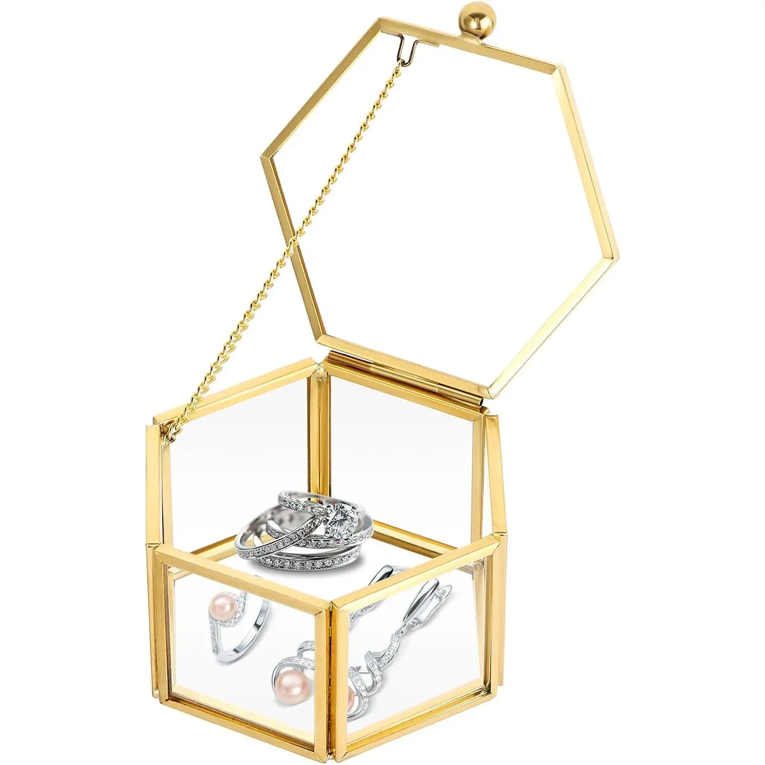 Glass  Box with Lid, 3.1 x 2.5 x 1.7 in Hexagon Clear Glass  Box for Rings Earrings Necklace, Small Geometric  Display Organizer Decorative Trinket  Box