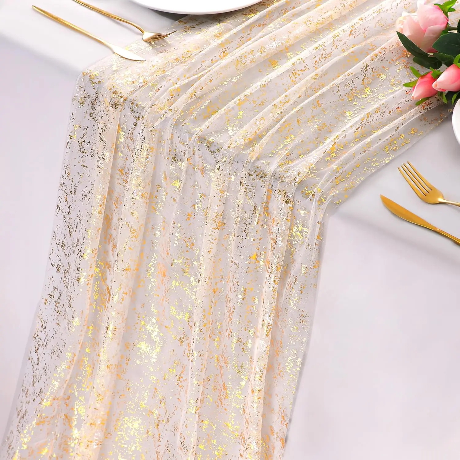 10 Ft Gold Table Runner, Sheer Gauze Chiffon Tulle Cheesecloth Sequin Glitter Metallic Foil, Table Decorations for Home Wedding Anniversary Party Birthday Holiday Christmas Thanksgiving