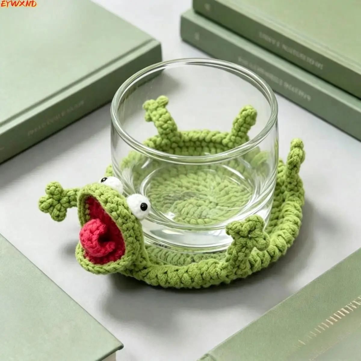 Hand Crocheted Yarn 3D Frog Face Coaster - Green Tongue Drinks Holder, Whimsical Gift, Unisex Home Accessory, Handmade Bag Charm for Coffee Tea Cups